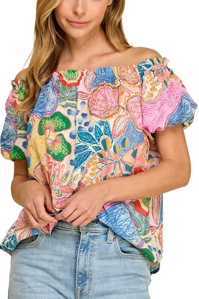 Blue Floral Off-shoulder Puff Sleeve Top