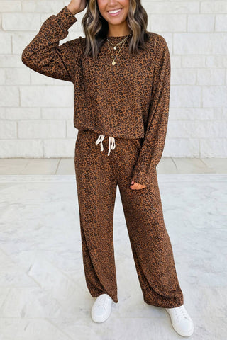 Leopard Print Top Drawstring Loose Pants Set