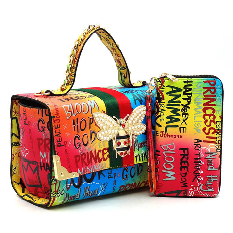 Green Multi Graffiti Queen Bee Handbag