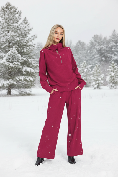 Red Cabernet Half Zip Zenana Top And Pants Set