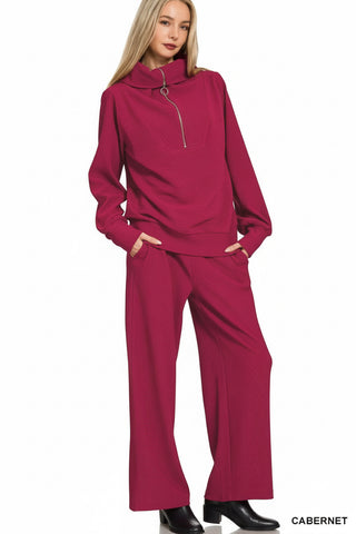 Red Cabernet Half Zip Zenana Top And Pants Set