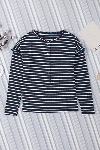 Black Striped Button Neck Top