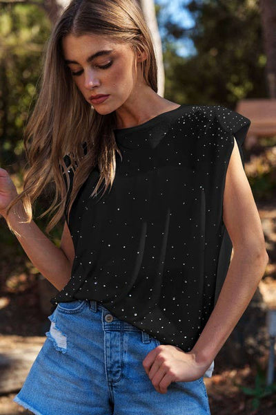 Black rhinestone sleeveless top Plus
