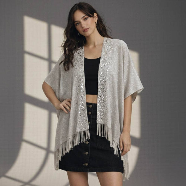 Sequin Embellished Front Fringe Trim Kimono