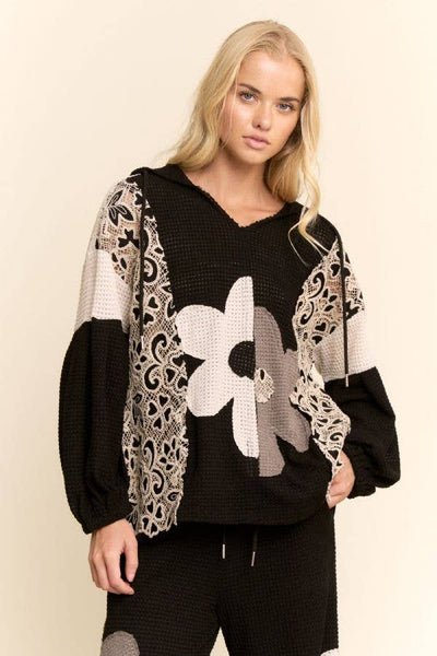 Black oversized flower hoodie top