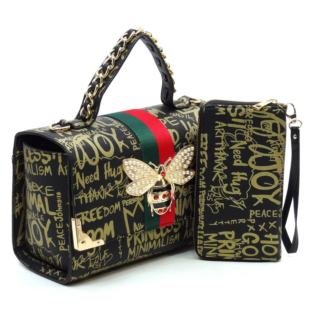 Black Gold Graffiti Queen Bee Stripe Handbag Set