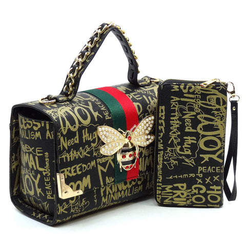Black Gold Graffiti Queen Bee Stripe Handbag Set
