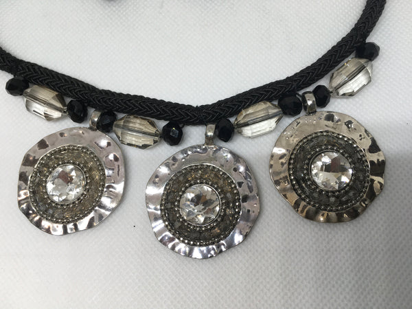 Black Hammered rhinestone disc necklace set