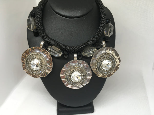 Black Hammered rhinestone disc necklace set