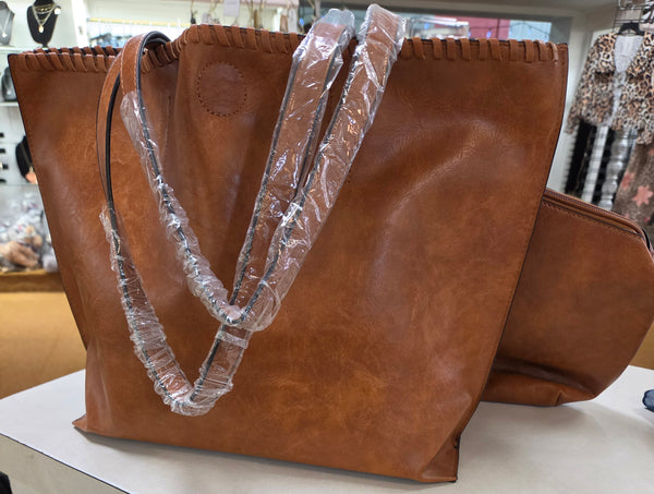 Camel Brown Whipstitch Accent Tote Set