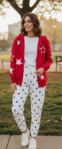 Red Relax Fit Zip up Jacket with Star Print