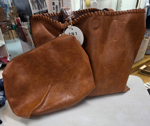 Camel Brown Whipstitch Accent Tote Set