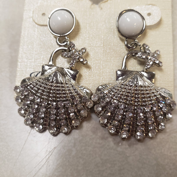 Silver Seashell pearl Star rhinestone accent Earrings
