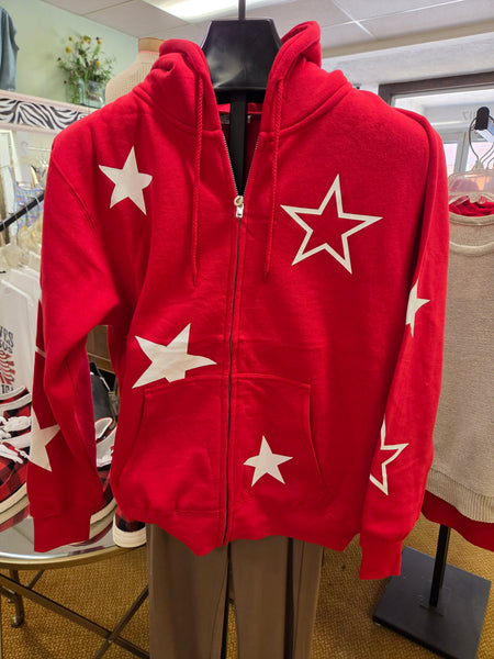 Red Relax Fit Zip up Jacket with Star Print