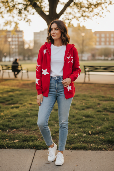 Red Relax Fit Zip up Jacket with Star Print