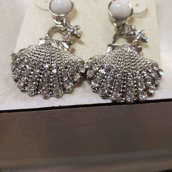 Silver Seashell pearl Star rhinestone accent Earrings