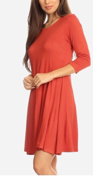 Rust 3/4 sleeve swing dress