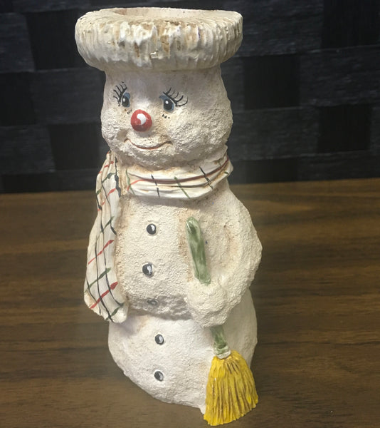 Wood world snowman candle stick holder Preowned