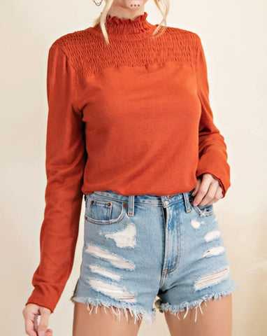 Rust Angora Smocked Mock Neck Top