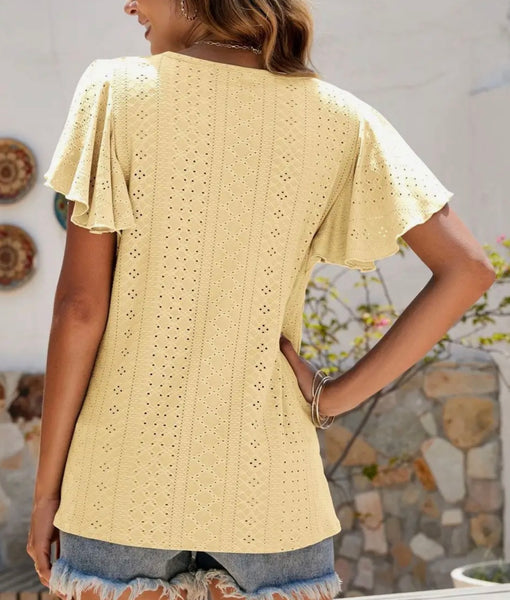 Yellow Pointelle Flutter Sleeve Knit Top