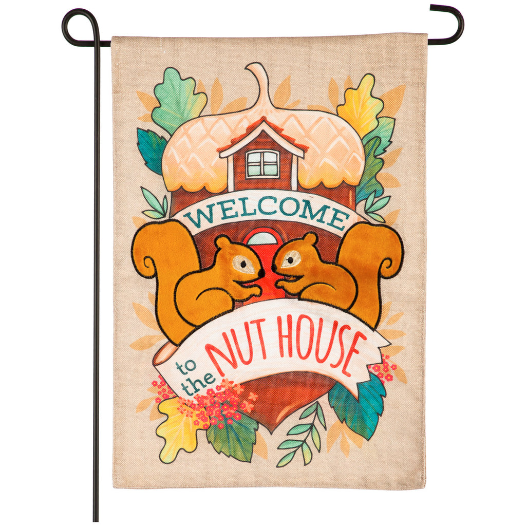 Welcome to the Nut House Garden Burlap Flag