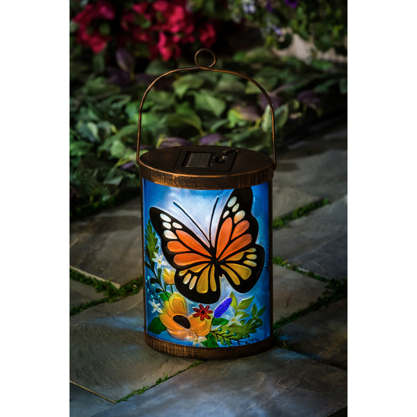 Monarch Butterfly Floral Handpainted Solar Glass Lantern