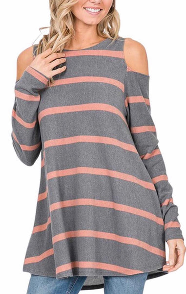 Gray stripe cold shoulder top