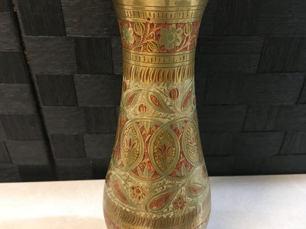 Brass Etched flower handpainted ornate Vase Vintage