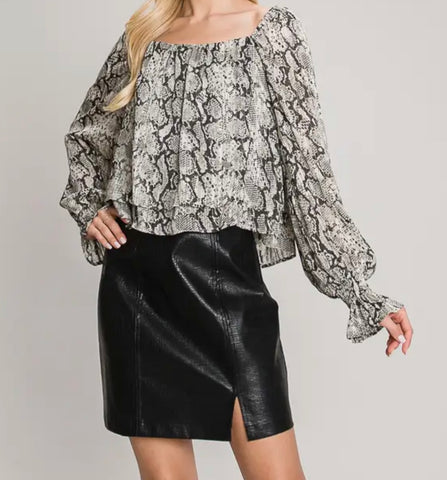 Gray Black Animal print peasant top