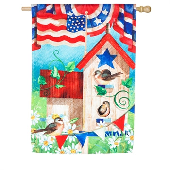 Patriotic Birdhouse House Satin Flag