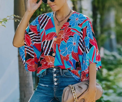Vibrant Blue red floral print top