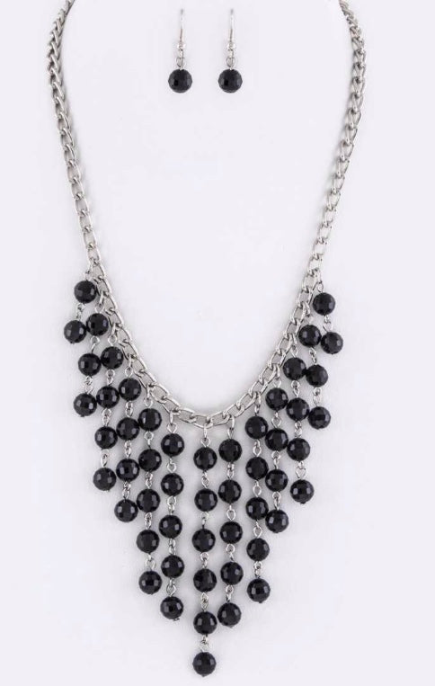 Black fringe bead statement necklace set