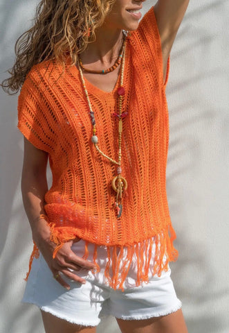 Orange Fringe Openwork V Neck Top