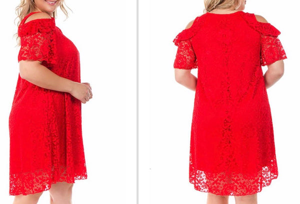 Red lace open shoulder dress PLUS