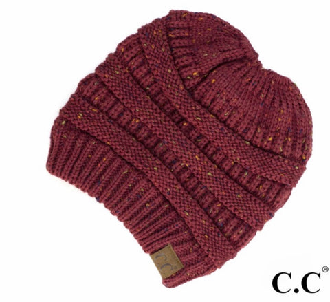 Maroon confetti CC beanie messy bun