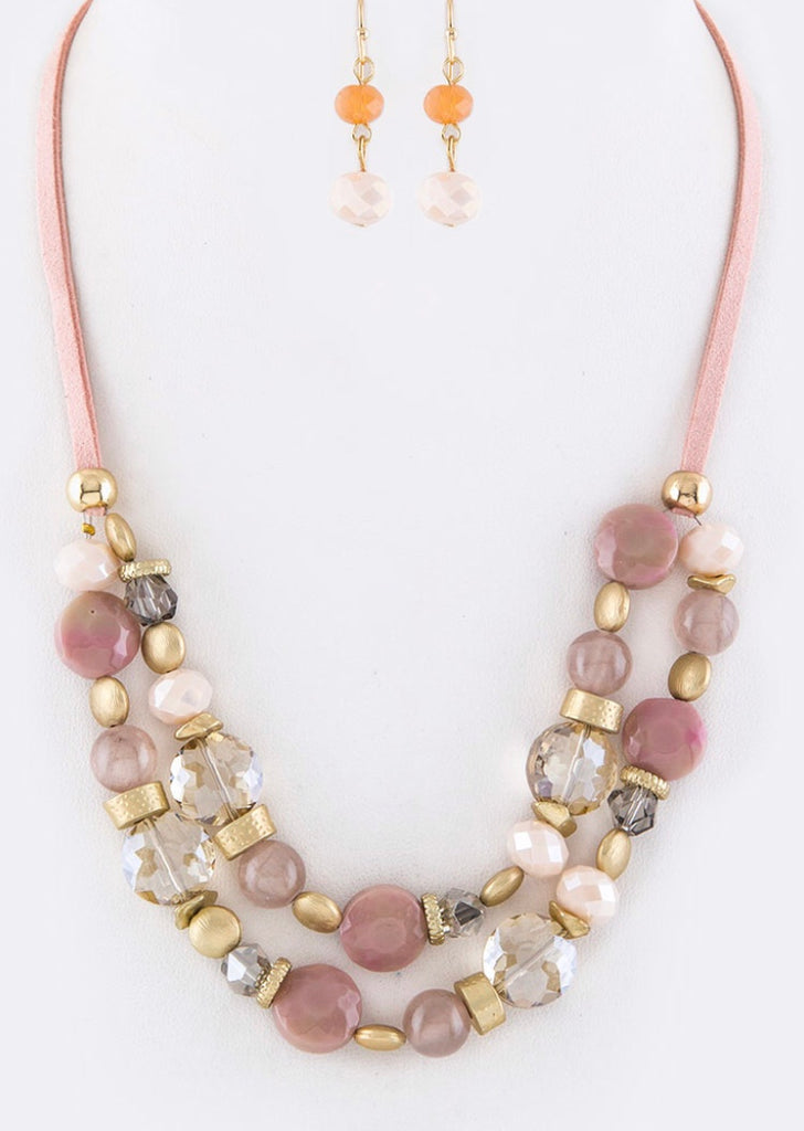 Pink beaded leather necklace set