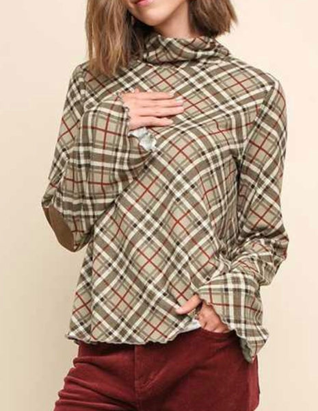 Latte with olive green plaid Ungee mock neck top