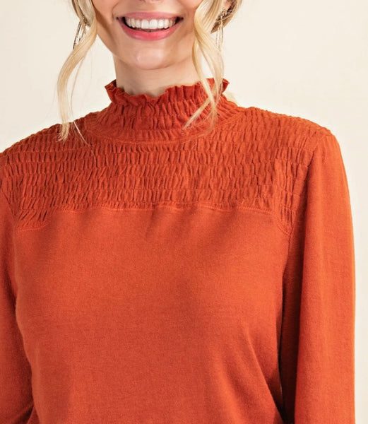 Rust Angora Smocked Mock Neck Top