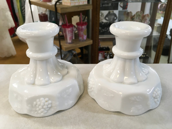 Milk Glass Candle stick holders with grapes 2 piece  Vintage Estate