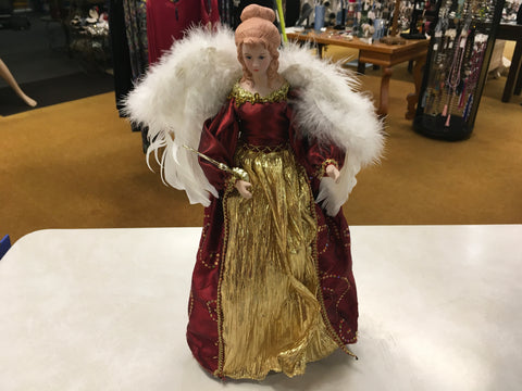 Angel harp in burgundy with feathers tree topper preowned