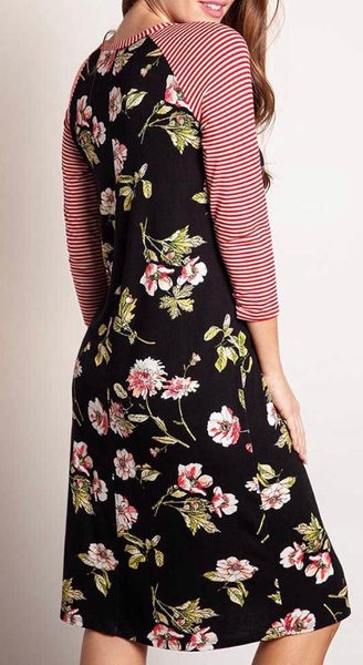 Black red white floral stripe dress