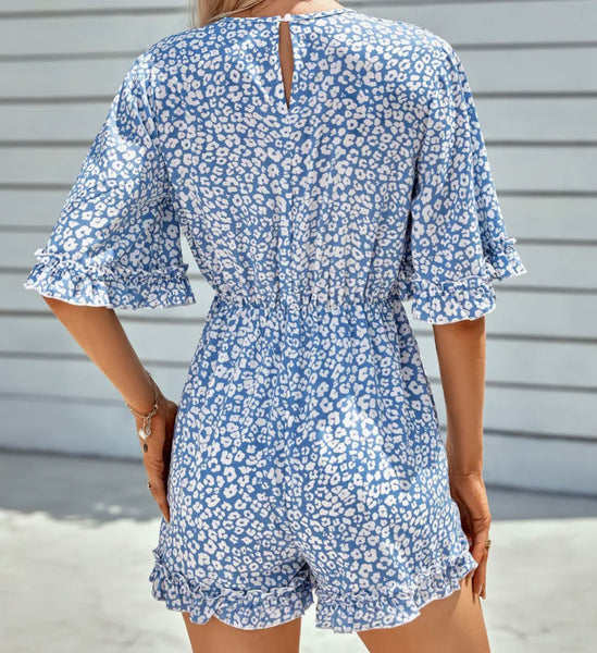 Blue Leopard Print Faux Wrap Romper