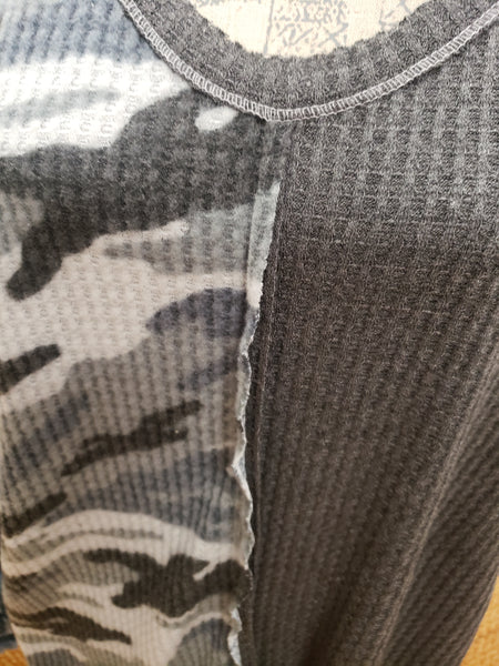 Charcoal Thermal Waffle Camo Print Top