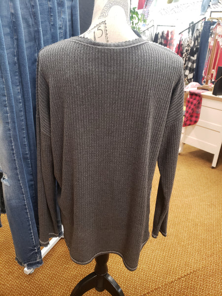 Charcoal Thermal Waffle Camo Print Top
