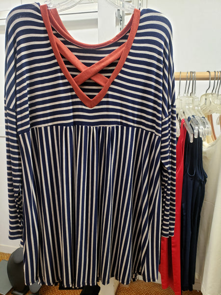 Navy striped baby doll top Plus