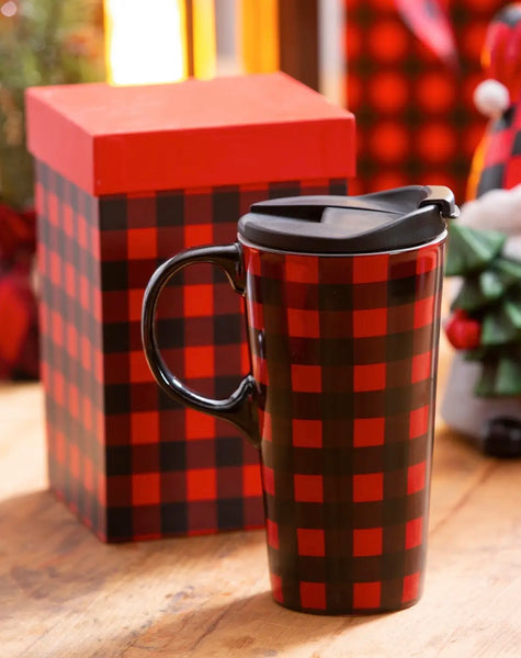 Red Buffalo plaid travel cup