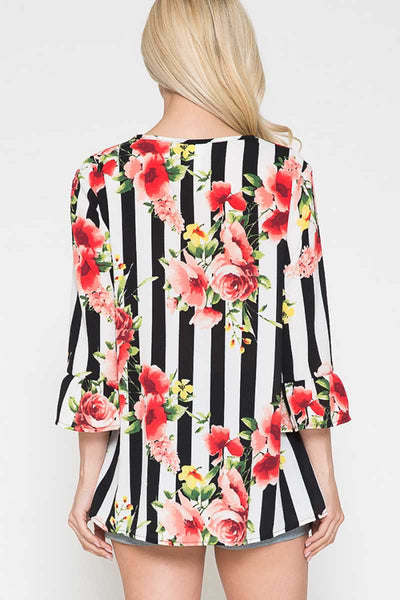 Black stripe floral print top