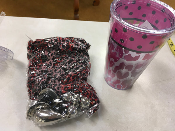 17 oz Pink Leopard travel cup with scarf set