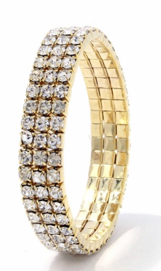 Rhinestone 3 line gold stretch bracelet