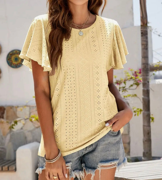 Yellow Pointelle Flutter Sleeve Knit Top